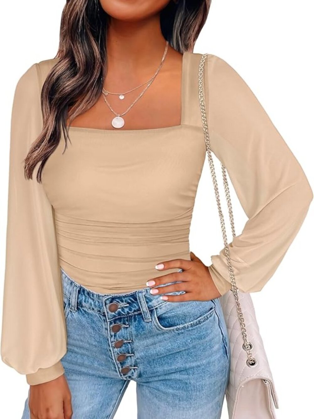 Apricot Square Neck Double Lined Mesh Blouse S